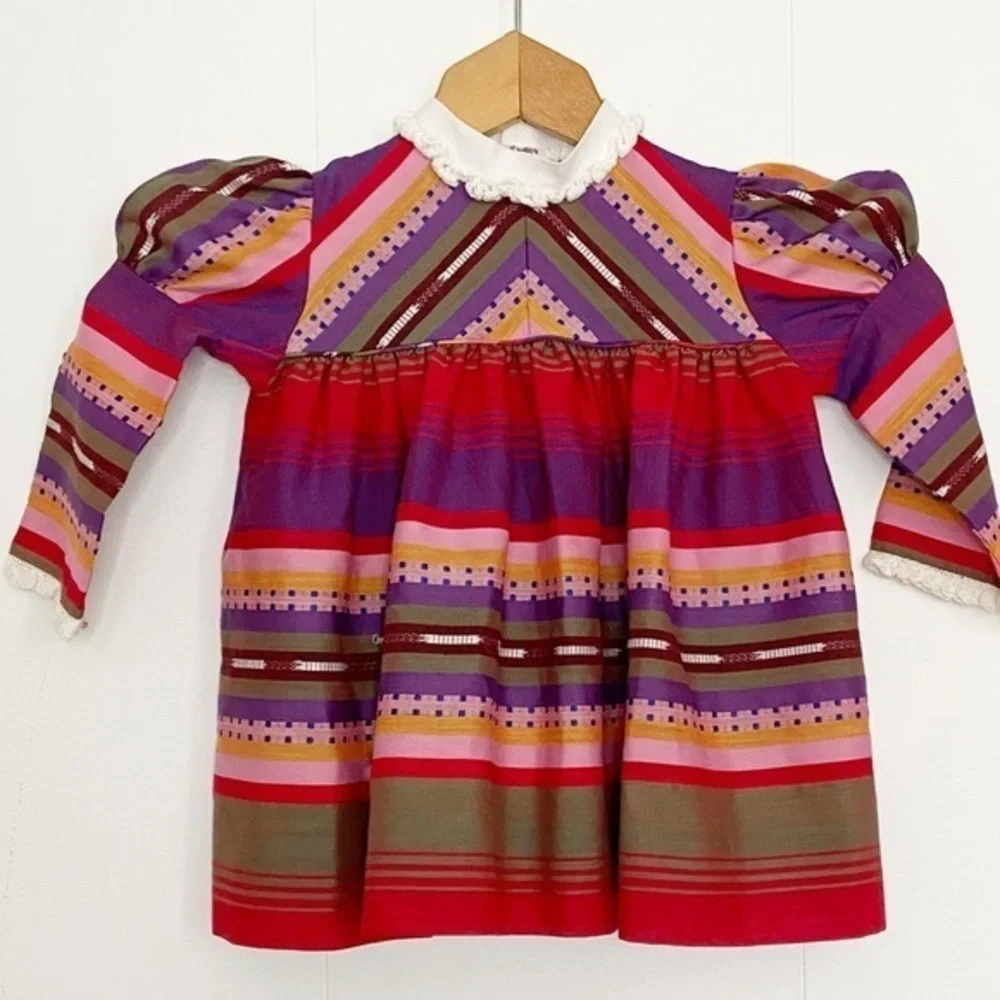 Vintage Nanette 1960’s 1970’s‎ toddler girl dress striped puff sleeve crochet 2T